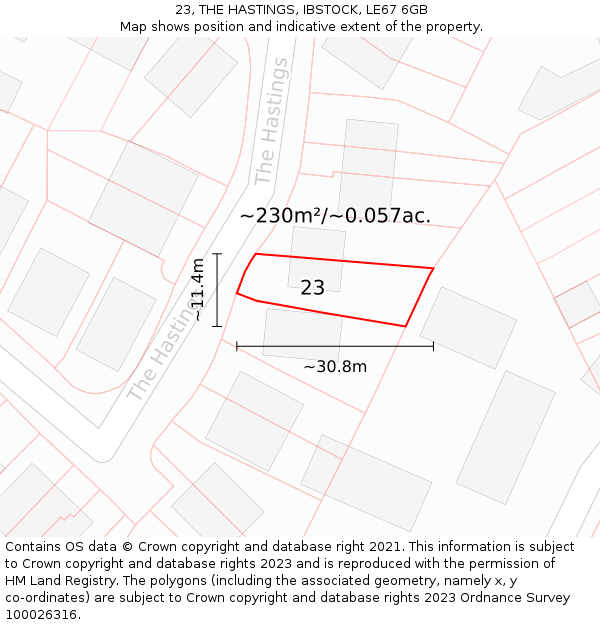 23, THE HASTINGS, IBSTOCK, LE67 6GB: Plot and title map