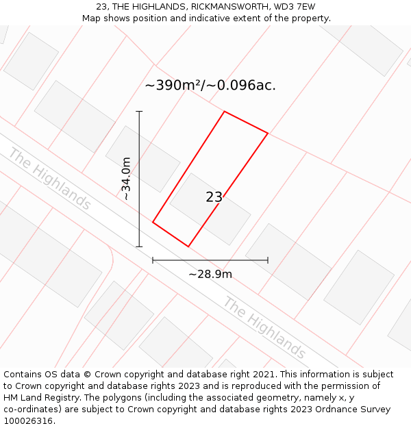 23, THE HIGHLANDS, RICKMANSWORTH, WD3 7EW: Plot and title map