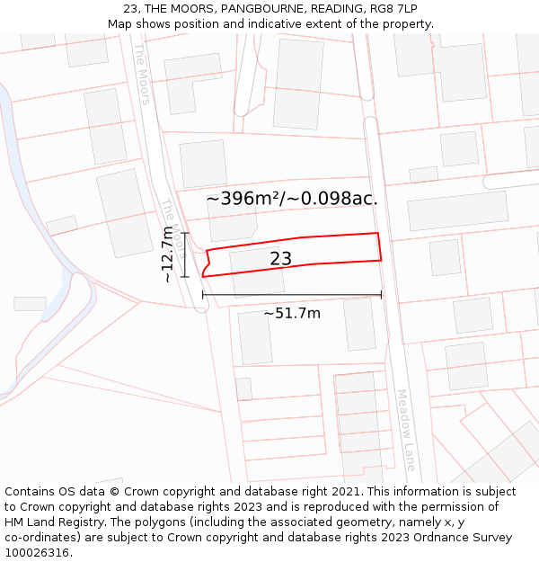 23, THE MOORS, PANGBOURNE, READING, RG8 7LP: Plot and title map