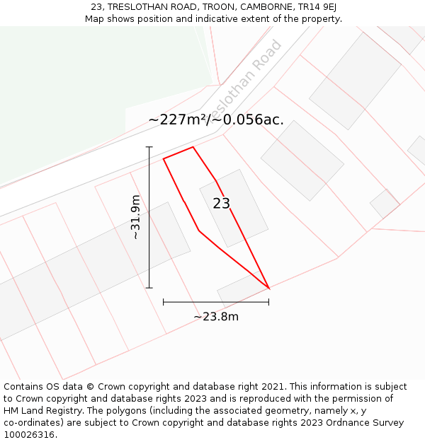 23, TRESLOTHAN ROAD, TROON, CAMBORNE, TR14 9EJ: Plot and title map