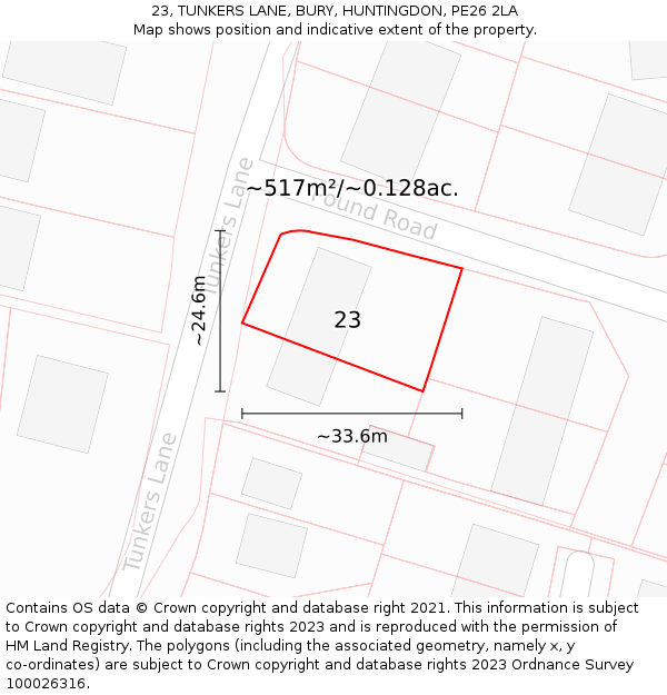 23, TUNKERS LANE, BURY, HUNTINGDON, PE26 2LA: Plot and title map