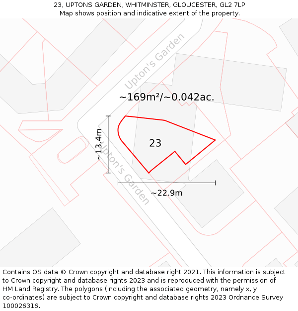 23, UPTONS GARDEN, WHITMINSTER, GLOUCESTER, GL2 7LP: Plot and title map