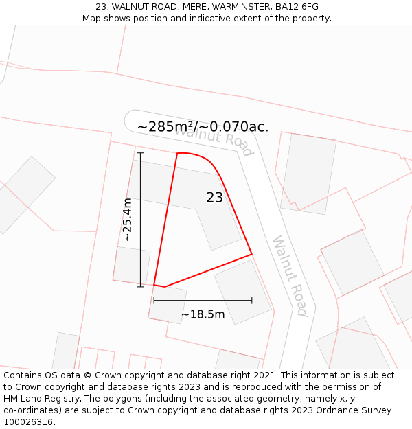 23, WALNUT ROAD, MERE, WARMINSTER, BA12 6FG: Plot and title map