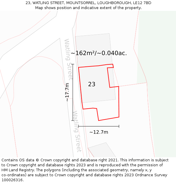 23, WATLING STREET, MOUNTSORREL, LOUGHBOROUGH, LE12 7BD: Plot and title map