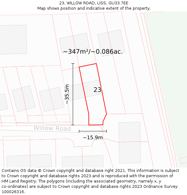 23, WILLOW ROAD, LISS, GU33 7EE: Plot and title map