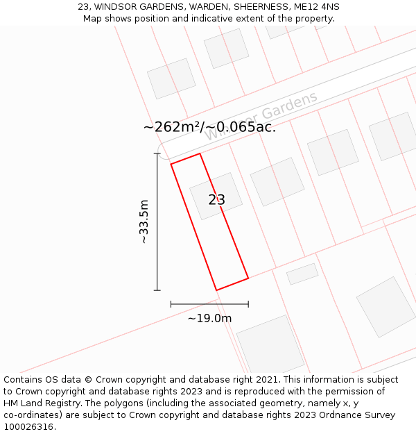 23, WINDSOR GARDENS, WARDEN, SHEERNESS, ME12 4NS: Plot and title map