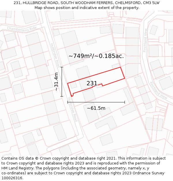 231, HULLBRIDGE ROAD, SOUTH WOODHAM FERRERS, CHELMSFORD, CM3 5LW: Plot and title map