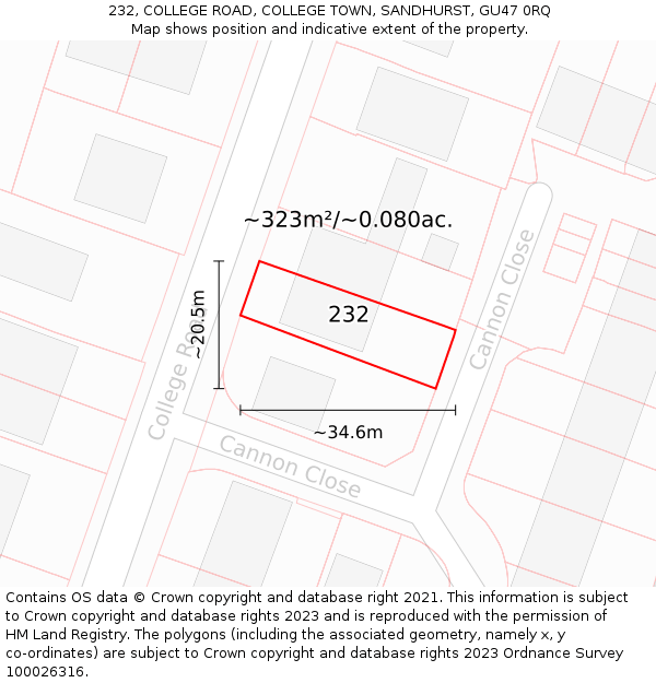 232, COLLEGE ROAD, COLLEGE TOWN, SANDHURST, GU47 0RQ: Plot and title map