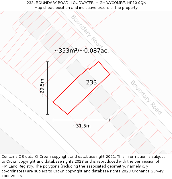 233, BOUNDARY ROAD, LOUDWATER, HIGH WYCOMBE, HP10 9QN: Plot and title map