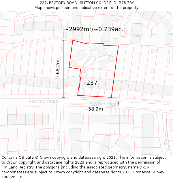 237, RECTORY ROAD, SUTTON COLDFIELD, B75 7RY: Plot and title map