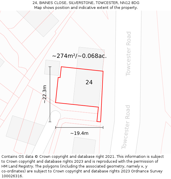 24, BAINES CLOSE, SILVERSTONE, TOWCESTER, NN12 8DG: Plot and title map