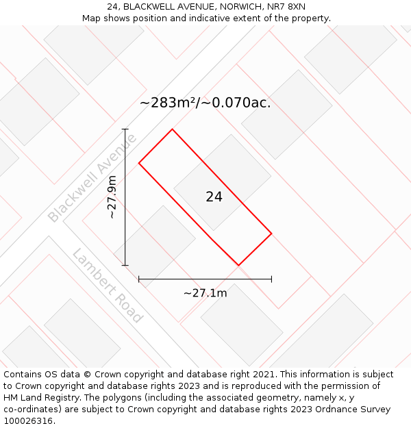 24, BLACKWELL AVENUE, NORWICH, NR7 8XN: Plot and title map