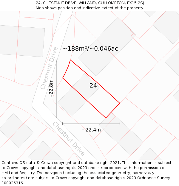 24, CHESTNUT DRIVE, WILLAND, CULLOMPTON, EX15 2SJ: Plot and title map