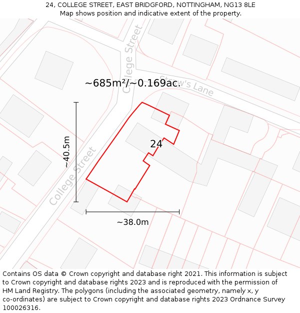 24, COLLEGE STREET, EAST BRIDGFORD, NOTTINGHAM, NG13 8LE: Plot and title map