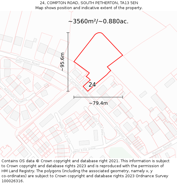 24, COMPTON ROAD, SOUTH PETHERTON, TA13 5EN: Plot and title map