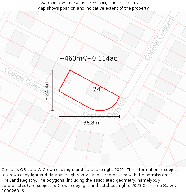 24, COPLOW CRESCENT, SYSTON, LEICESTER, LE7 2JE: Plot and title map