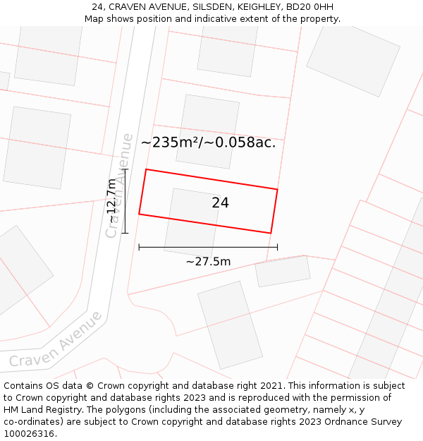 24, CRAVEN AVENUE, SILSDEN, KEIGHLEY, BD20 0HH: Plot and title map