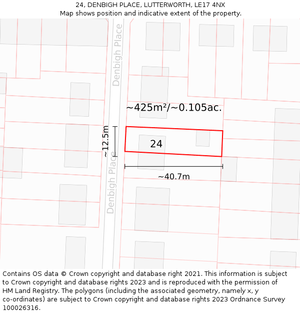 24, DENBIGH PLACE, LUTTERWORTH, LE17 4NX: Plot and title map
