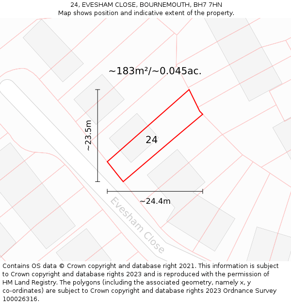 24, EVESHAM CLOSE, BOURNEMOUTH, BH7 7HN: Plot and title map