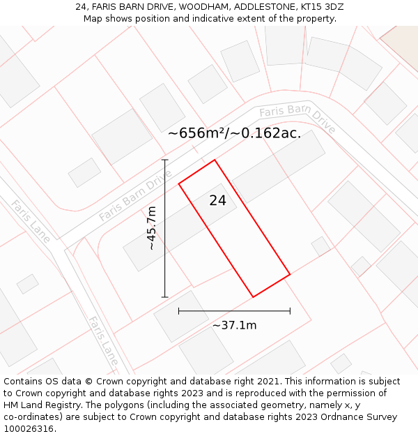 24, FARIS BARN DRIVE, WOODHAM, ADDLESTONE, KT15 3DZ: Plot and title map