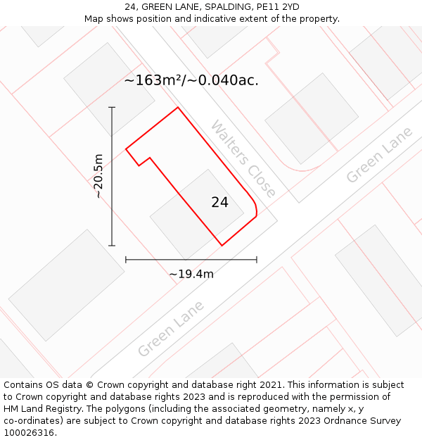 24, GREEN LANE, SPALDING, PE11 2YD: Plot and title map