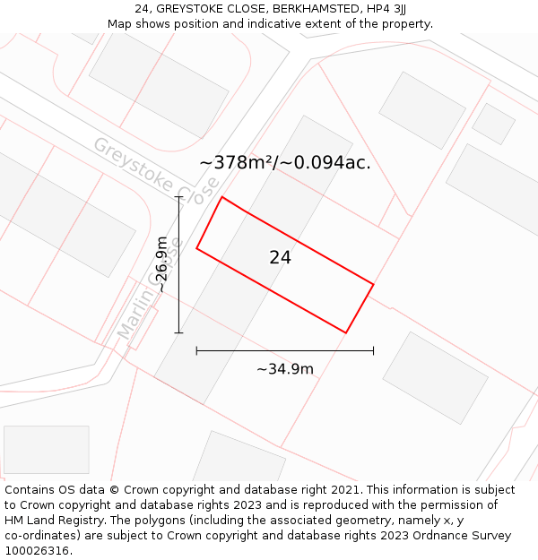 24, GREYSTOKE CLOSE, BERKHAMSTED, HP4 3JJ: Plot and title map