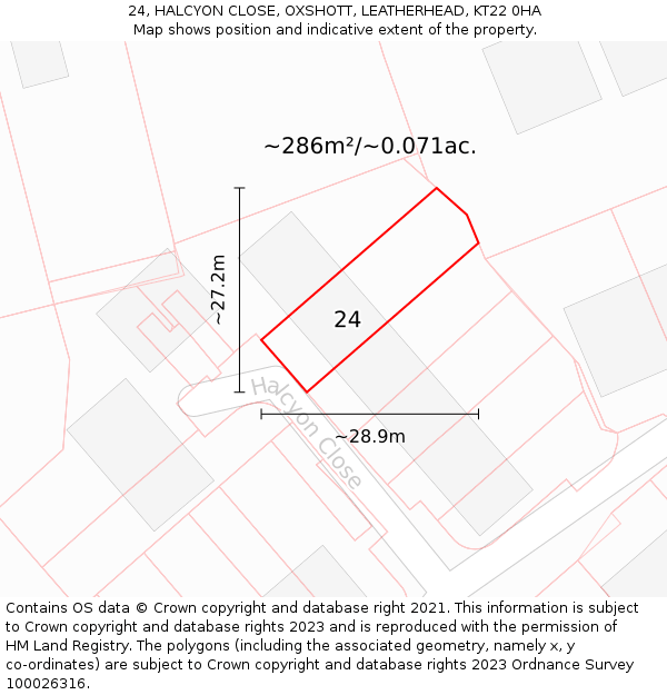 24, HALCYON CLOSE, OXSHOTT, LEATHERHEAD, KT22 0HA: Plot and title map