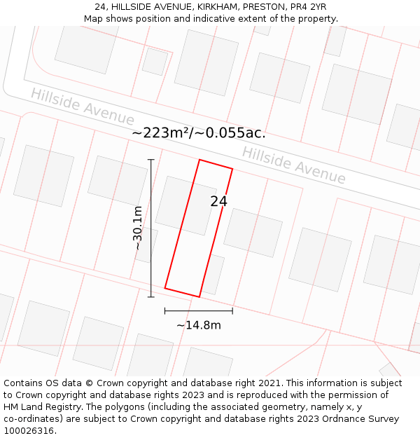 24, HILLSIDE AVENUE, KIRKHAM, PRESTON, PR4 2YR: Plot and title map