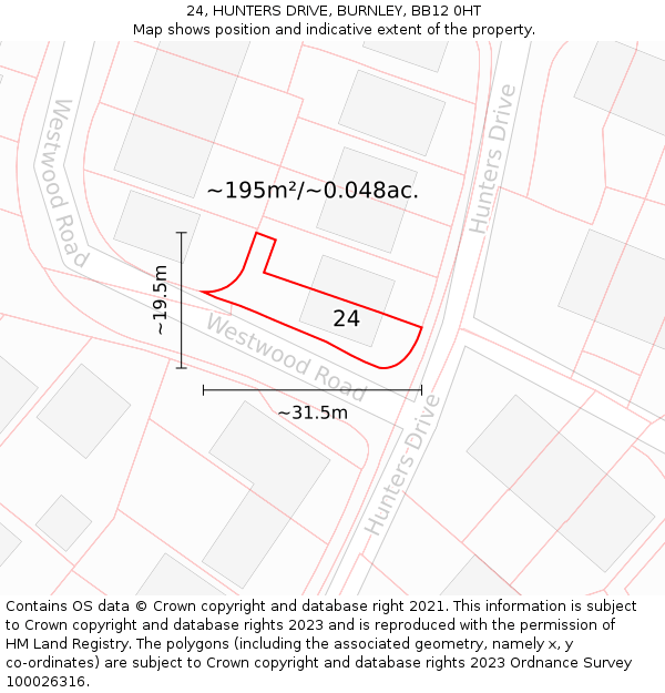 24, HUNTERS DRIVE, BURNLEY, BB12 0HT: Plot and title map