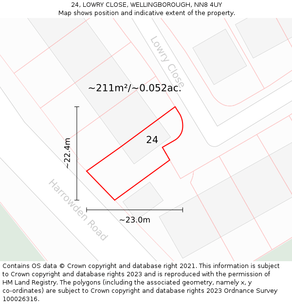 24, LOWRY CLOSE, WELLINGBOROUGH, NN8 4UY: Plot and title map