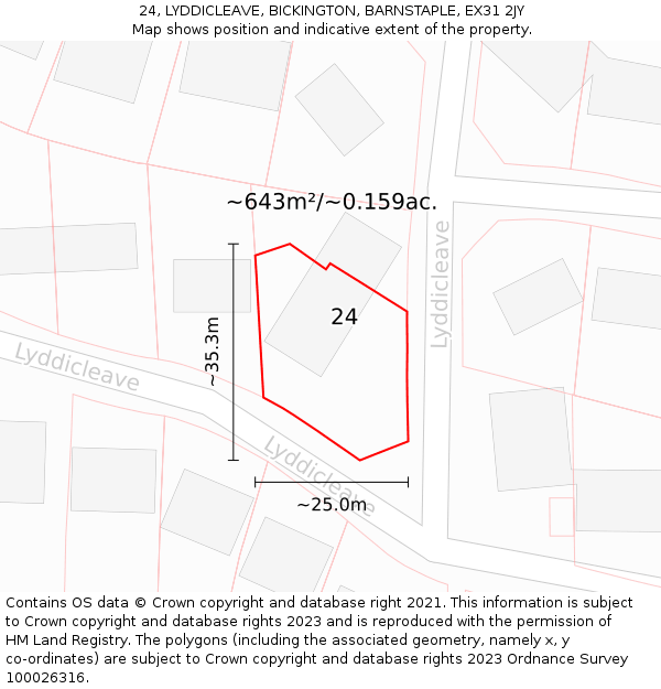 24, LYDDICLEAVE, BICKINGTON, BARNSTAPLE, EX31 2JY: Plot and title map