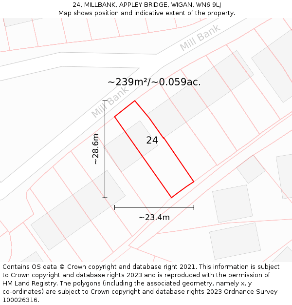 24, MILLBANK, APPLEY BRIDGE, WIGAN, WN6 9LJ: Plot and title map