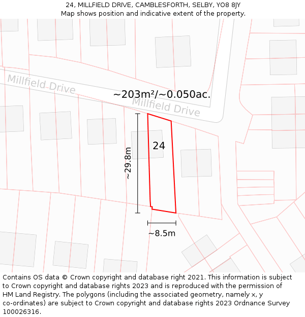 24, MILLFIELD DRIVE, CAMBLESFORTH, SELBY, YO8 8JY: Plot and title map