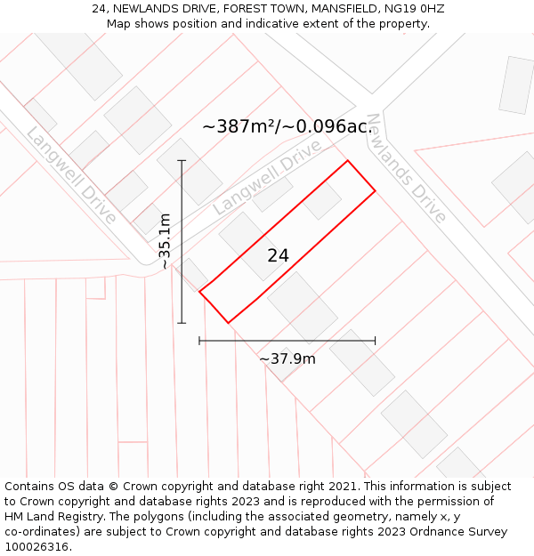 24, NEWLANDS DRIVE, FOREST TOWN, MANSFIELD, NG19 0HZ: Plot and title map