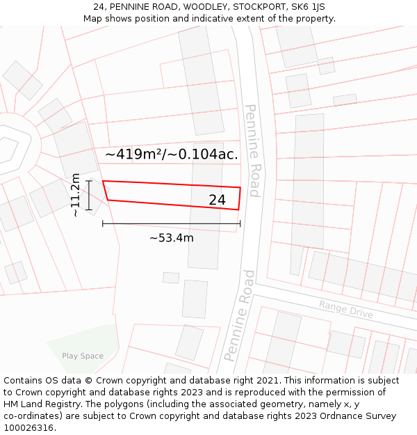 24, PENNINE ROAD, WOODLEY, STOCKPORT, SK6 1JS: Plot and title map