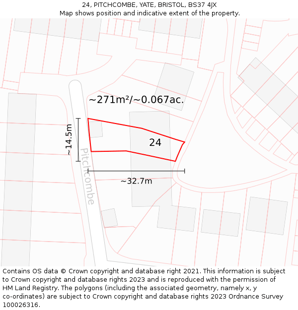 24, PITCHCOMBE, YATE, BRISTOL, BS37 4JX: Plot and title map