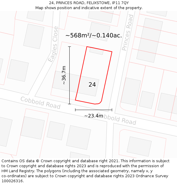 24, PRINCES ROAD, FELIXSTOWE, IP11 7QY: Plot and title map