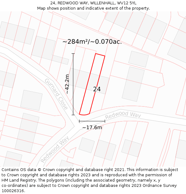 24, REDWOOD WAY, WILLENHALL, WV12 5YL: Plot and title map