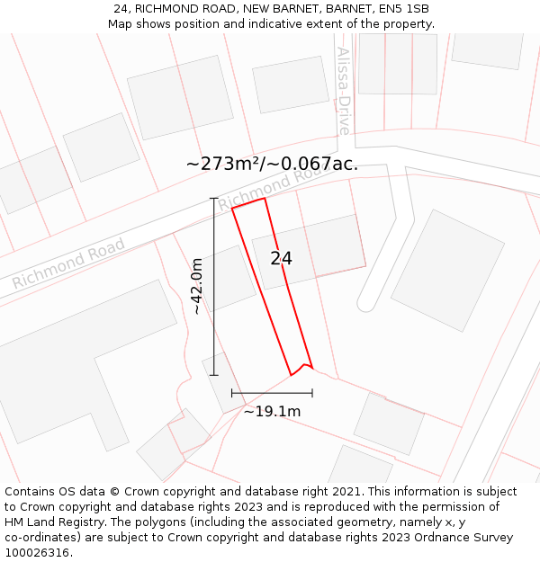 24, RICHMOND ROAD, NEW BARNET, BARNET, EN5 1SB: Plot and title map