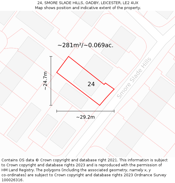 24, SMORE SLADE HILLS, OADBY, LEICESTER, LE2 4UX: Plot and title map