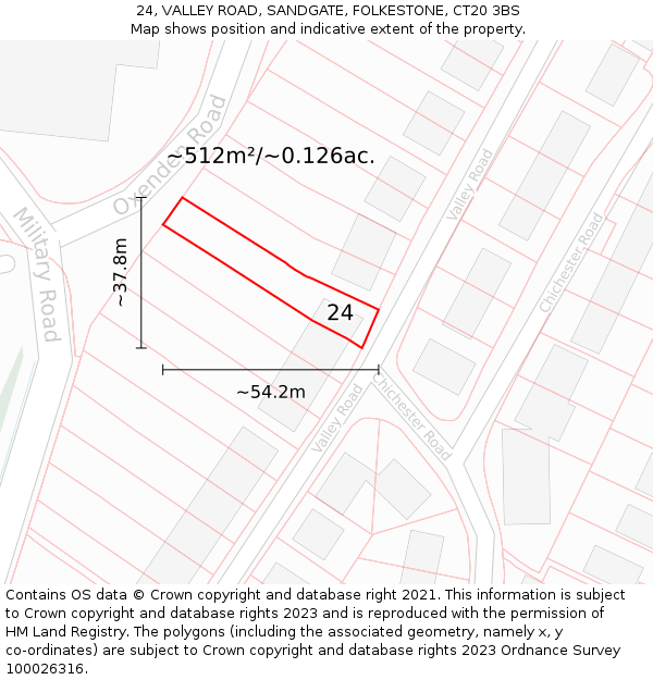 24, VALLEY ROAD, SANDGATE, FOLKESTONE, CT20 3BS: Plot and title map