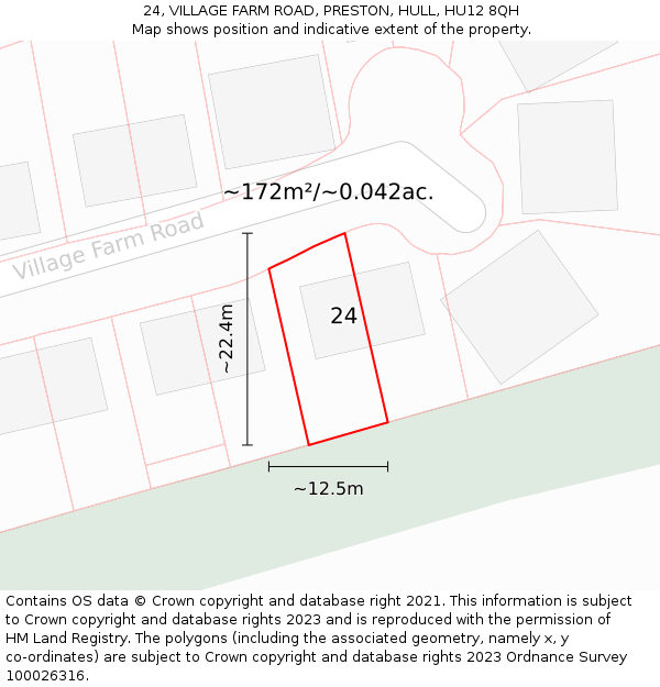 24, VILLAGE FARM ROAD, PRESTON, HULL, HU12 8QH: Plot and title map