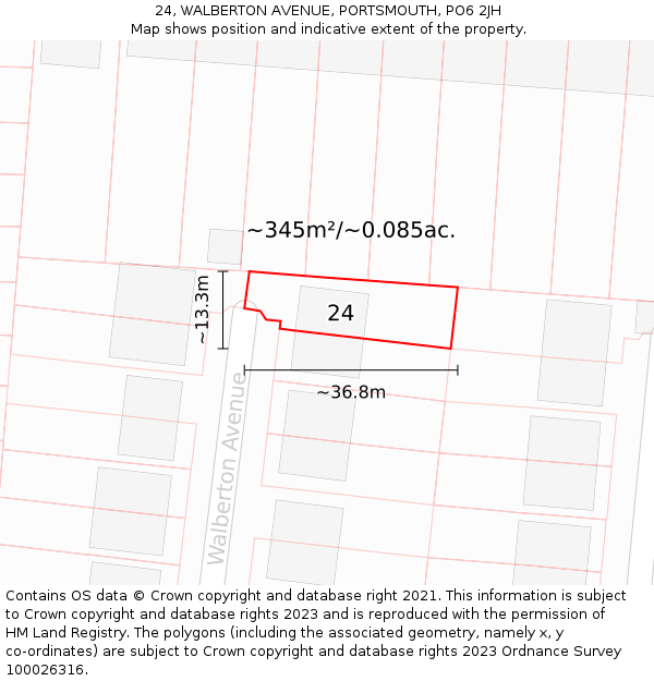 24, WALBERTON AVENUE, PORTSMOUTH, PO6 2JH: Plot and title map