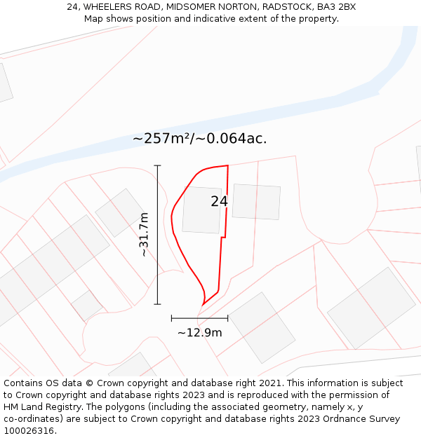 24, WHEELERS ROAD, MIDSOMER NORTON, RADSTOCK, BA3 2BX: Plot and title map