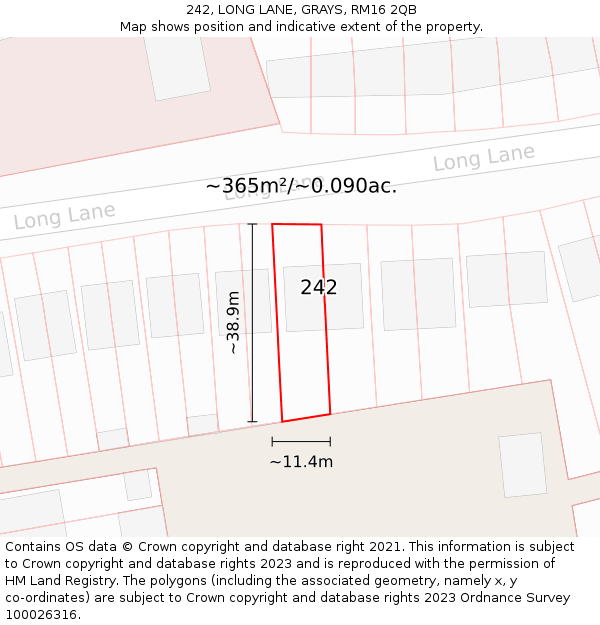 242, LONG LANE, GRAYS, RM16 2QB: Plot and title map