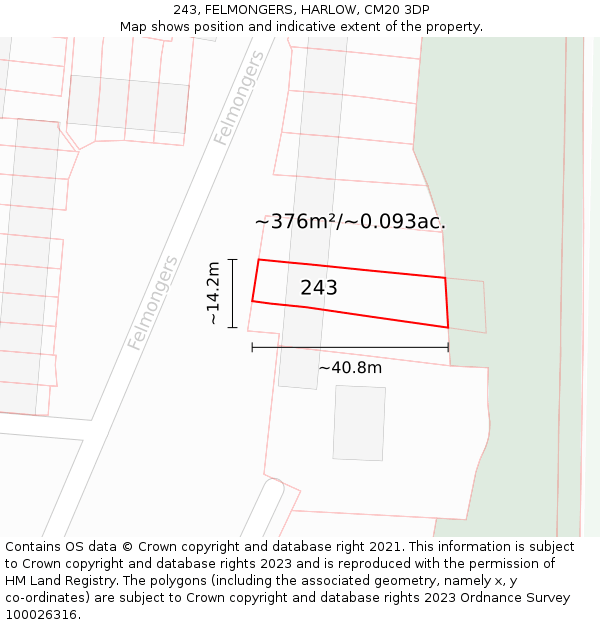 243, FELMONGERS, HARLOW, CM20 3DP: Plot and title map