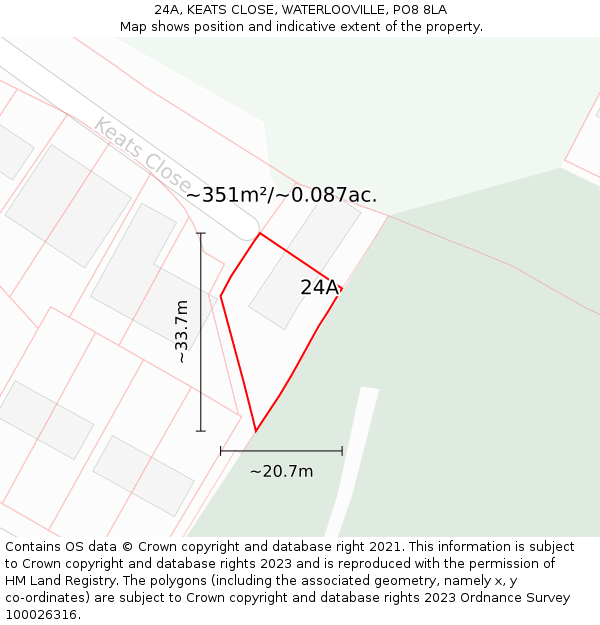 24A, KEATS CLOSE, WATERLOOVILLE, PO8 8LA: Plot and title map