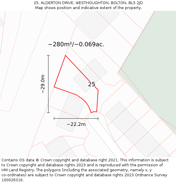 25, ALDERTON DRIVE, WESTHOUGHTON, BOLTON, BL5 2JD: Plot and title map