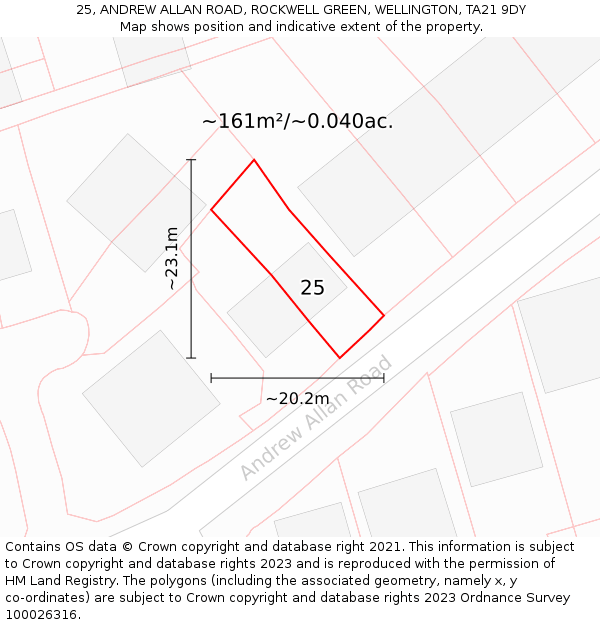 25, ANDREW ALLAN ROAD, ROCKWELL GREEN, WELLINGTON, TA21 9DY: Plot and title map