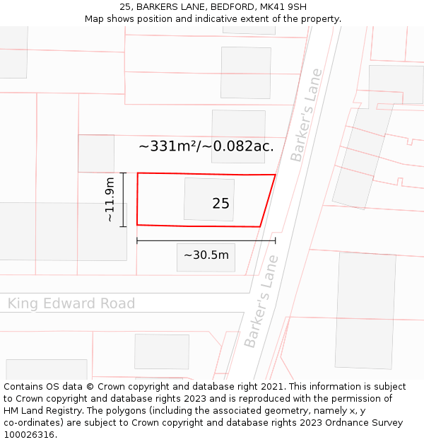 25, BARKERS LANE, BEDFORD, MK41 9SH: Plot and title map